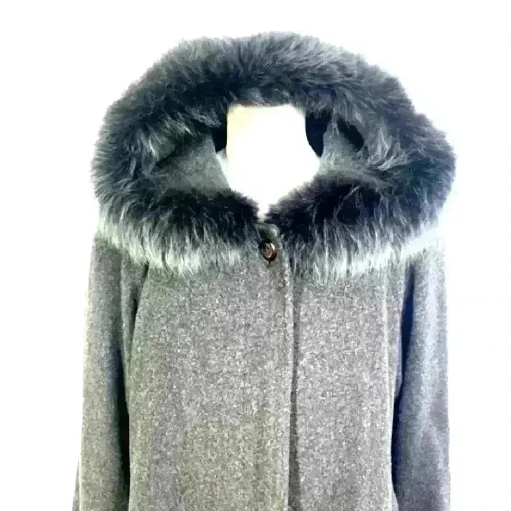 Lauren Meren Pure Virgin Wool With Fur Hoodie Gray Trench Size S